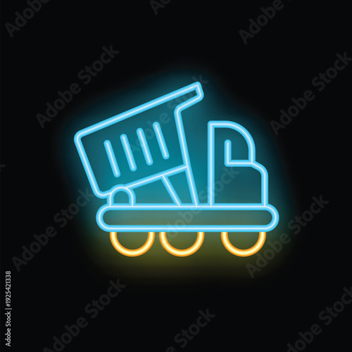 Blue and yellow neon sign of a truck unloading cargo with a tilted container