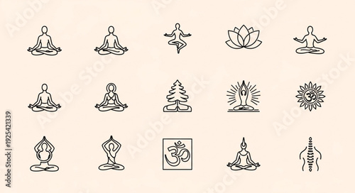 Collection of hand-drawn yoga and meditation icons in a grid layout.