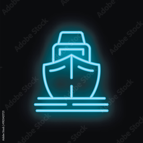 Blue neon sign of a ship sailing on water waves at night