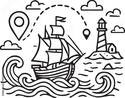 Sailing Ship Route to Lighthouse | Nautical Country Voyage Line Art ceative vector illustration.