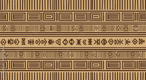 Ancient inspired geometric pattern showcasing diverse tribal symbols and abstract designs on a warm neutral background, creating a rich cultural