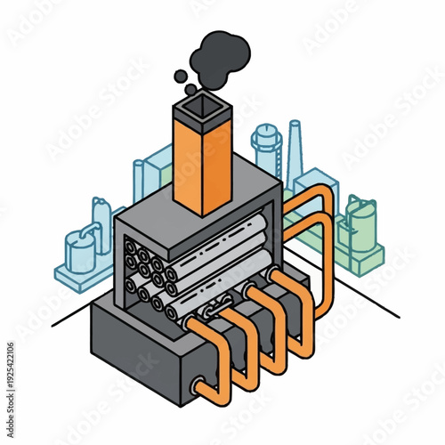 Industrial Factory Machine with Pipes and Chimney.