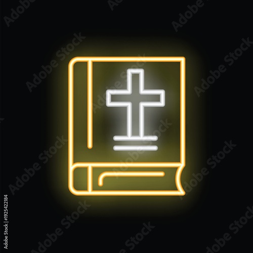 Neon sign of a holy bible glowing with a cross is depicted on a dark background