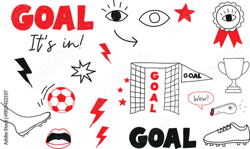 Collection of various doodle elements representing soccer success, scoring goals, game celebration moments, and enthusiastic reactions captured in a fun hand drawn style suitable for sports graphics.