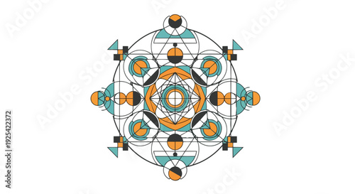 Symmetrical abstract geometric design showcasing precise patterns and vibrant color accents on a pristine white background.