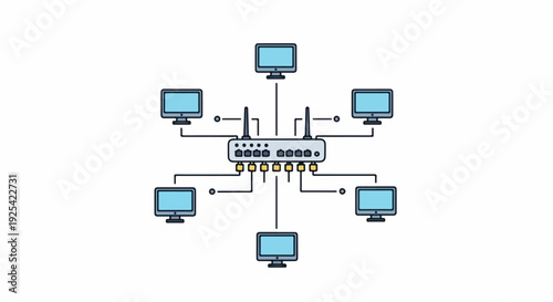 Network diagram showing a central router connected to multiple computers in a star topology on a white background