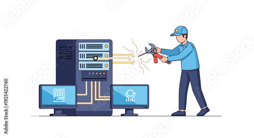 IT technician fixing server rack with tools, computers and network cables, technology concept