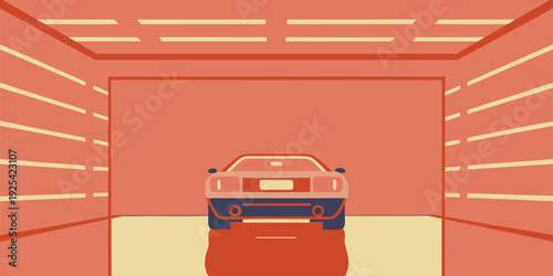 Stylized classic car illustration driving through a geometric tunnel corridor artwork