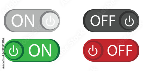 3d On and Off toggle switch icons. Switch toggle buttons ON OFF. Material design switch buttons set. Open and close ui icons. Active and Inactive icon. Stock Vector eps 10