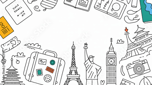 Collection of travel and vacation icons including landmarks luggage and tickets in a hand-drawn doodle style for concept design