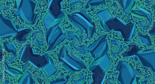 Abstract geometric pattern with blue faceted shapes on a teal organic swirl background