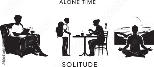 Black silhouettes of people enjoying alone time and solitude in different settings