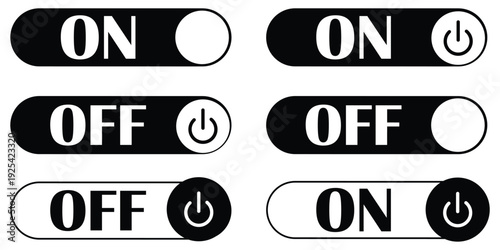 Power button. ON and OFF set icons. Vector black and flat icon, energy sing symbol, Power switch, electricity turn on off, icon, sticker, badge. Editable vector icon set eps 10