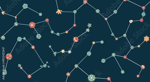 Intricate celestial patterns forming a whimsical cosmic map on a deep twilight background