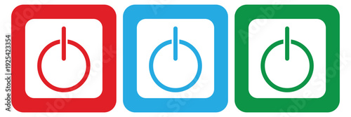 Power button. ON and OFF set icons. Vector black and flat icon, energy sing symbol, Power switch, electricity turn on off, icon, sticker, badge. Editable vector icon set eps 10