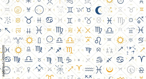 Intricate celestial astrological zodiac symbols and ancient alchemical glyphs form a mystical seamless pattern background for spiritual and esoteric