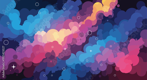 Vibrant abstract cosmic cloudscape with dynamic colors and subtle celestial elements creating a captivating background