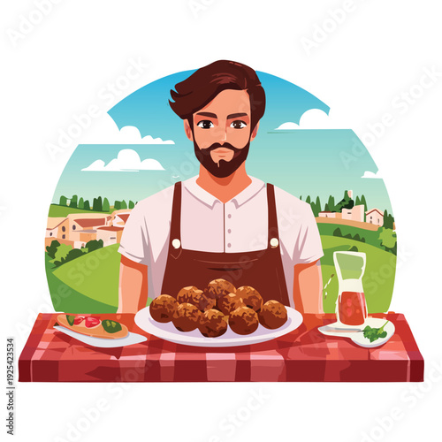 Chef presenting meatballs and food on a table outdoors