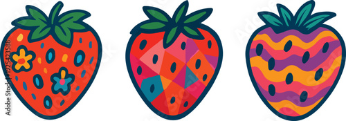 Whimsical Patchwork Strawberries | Colorful and creative  Decorative Fruit Illustration set.