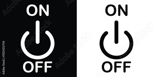 Power button. ON and OFF set icons. Vector black and flat icon, energy sing symbol, Power switch, electricity turn on off, icon, sticker, badge. Editable vector icon set eps 10