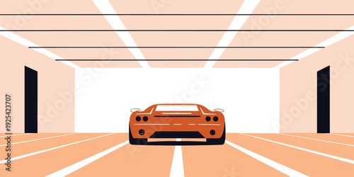 Vibrant orange sports car illustration speeding through a dramatic tunnel entrance light