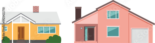 Minimalist suburban houses duo, flat modern residential home illustration, colorful architecture vector isolated on white background