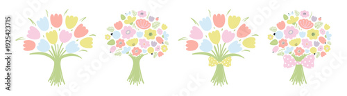 Bouquet of spring flowers, tulips isolated illustration set. Pastel blossoms, blooms, florals. Easter holiday clip art collection, seasonal card, banner, poster. Hand drawn flat vector design element