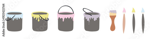 Bucket of paint, paintbrush isolated illustration set. Easter holiday clip art collection, seasonal card, banner, poster. Fine art, painting, house decoration. Hand drawn flat vector design element