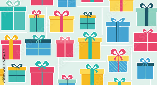 A vibrant and joyful seamless pattern showcasing a delightful collection of beautifully wrapped gift boxes with colorful ribbons and bows, perfect