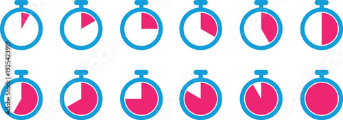 Modern stopwatch blue, pink icons set in various time positions, perfect for business and technology concepts