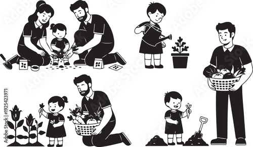 Family gardening and harvesting vegetables together in a garden basket