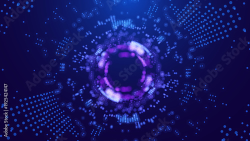 Digital Network Core Visualization with Circular Data Flow and Particle Connections. Big Data Analytics and Future Technology Background Design. Vector Illustration