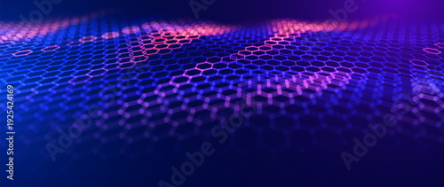 Colored Hexagon 3D Grid Wave. Abstract Molecular Network of Connected Hexagons Representing Nanotechnology Structure. Chemical Bond Pattern and Futuristic Data Surface Background. Vector Illustration.