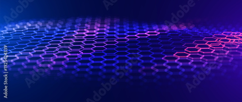 Abstract Molecular Network of Connected Hexagons Representing Nanotechnology Structure. Colored Hexagon 3D Grid Wave. Chemical Bond Pattern and Futuristic Data Surface Background. Vector Illustration.