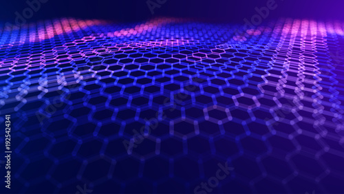 Hexagon 3D Grid Wave. Abstract Molecular Network of Connected Hexagons Representing Nanotechnology Structure. Chemical Bond Pattern and Futuristic Data Surface Background. Vector Illustration.