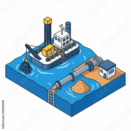 Dredging Ship Illustration with Pipeline on Water.