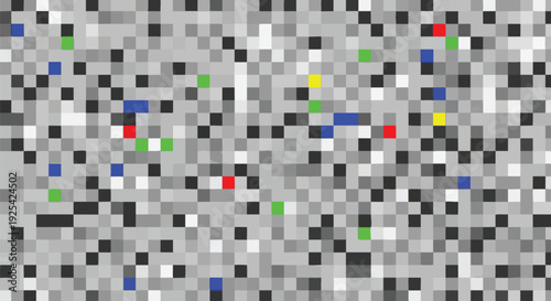Mesmerizing digital noise pattern showcasing a chaotic yet structured array of diverse colored pixels and monochrome squares forming an intriguing