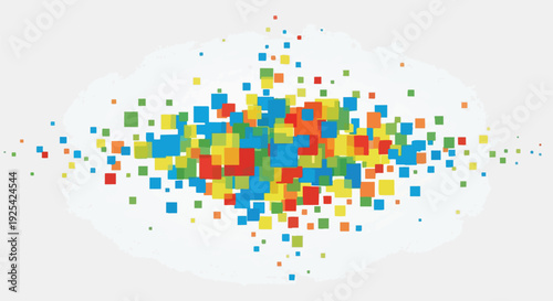 Explosive digital mosaic of colorful geometric shapes dispersing across a bright background