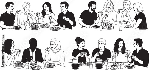 Group of people enjoying meals and drinks together at tables in a restaurant setting