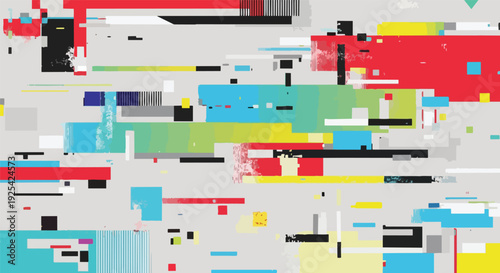 A striking modern digital abstract background featuring vibrant fragmented rectangles and lines creating a dynamic glitch effect ideal for