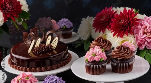Image showcases a stylish and elegant dessert layout featuring a variety of chocolate cakes and cupcakes. At the center, a round chocolate cake with a glossy finish is adorned with decorative chocolat