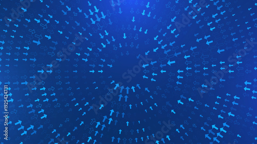 Blue Technology Arrows Pattern Converging Toward Center. Abstract Digital Data Flow and Network Connection Concept with Radial Directional Motion Futuristic Vector Background.