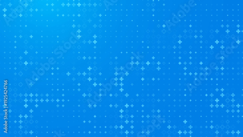 Blue Medical Cross or Plus Pattern Background with Glowing Healthcare Symbols. Abstract Health Technology and Scientific Innovation Concept Featuring Digital Plus Icons on Gradient Vector