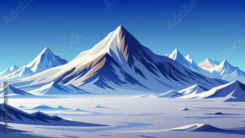 A wide snow covered mountain plain with smooth white natural surface distant mountain peaks create depth clear sky enhances peaceful open environment clean minimal vector illustration flat design
