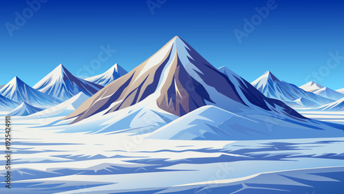 A wide snow covered mountain plain with smooth white natural surface distant mountain peaks create depth clear sky enhances peaceful open environment clean minimal vector illustration flat design