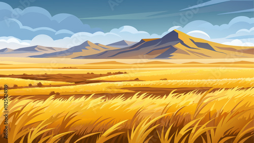 A wide dry grassland with golden natural ground texture stretching to the horizon distant hills create calm natural scenery clean minimal vector illustration flat design uncluttered composition
