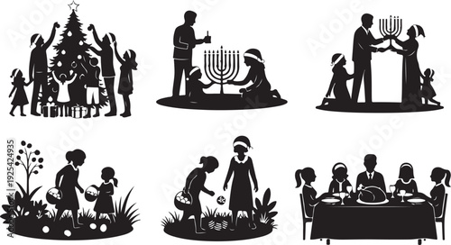Silhouettes of families celebrating various holidays with decorations and activities