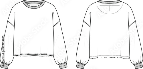 Cropped sweatshirt illustration, long sleeves, crew neckline, ribbed cuffs, dropped shoulders, casual fashion garment drawing, sporty apparel design, technical clothing artwork