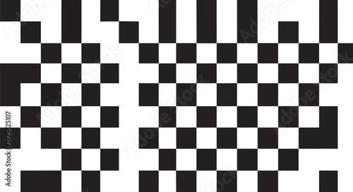 Abstract black and white geometric pattern featuring structured checkerboard squares with fragmented elements creating a versatile and modern visual