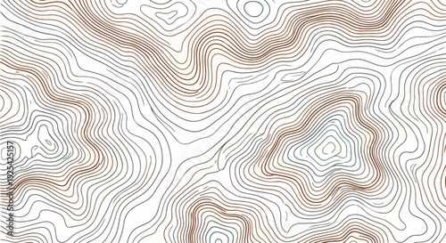 Abstract visualization of undulating terrain using intricate organic brown contour lines.
